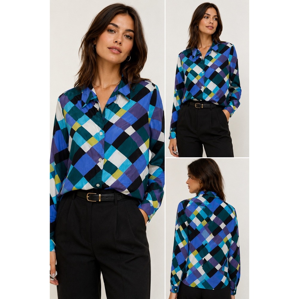 Lord & Taylor Blue Purple Geometric Diamond Print Button Down Blouse Top